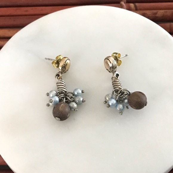 Brighton Dangle Faux Pearl & Wood Bead post Earrings - Picture 3 of 4